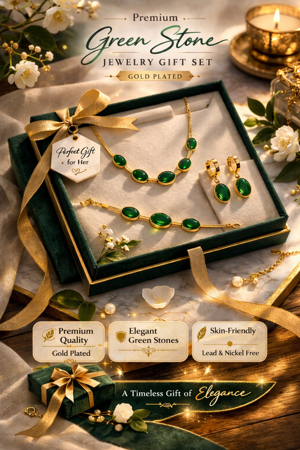 Oval Green Crystal Pendant Necklace Set With Bracelet